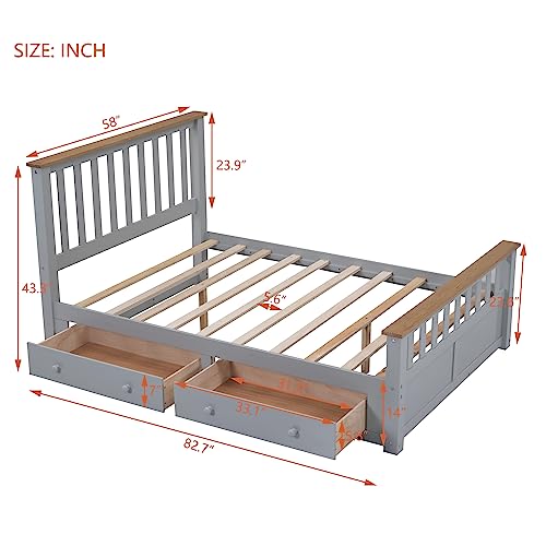 Harper & Bright Designs Full Bed with 2 Storage Drawers, Solid Wood Full Size Platform Bed with Headboard and Footboard, Full Size Bed Frame for