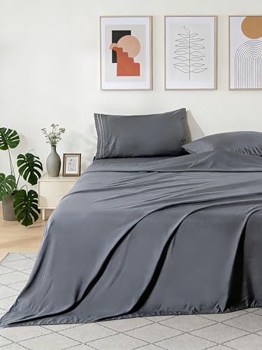 Ranunculus 3 Piece Washed Twin Bed Sheet Set, Fitted Sheet Twin Size & Bedsheet & Pillowcase, Soft Brushed Microfiber - 16 inches Deep Pocket, Breathable, Fade Resistant,Easy Care (Dark Grey,Twin) Ranunculus