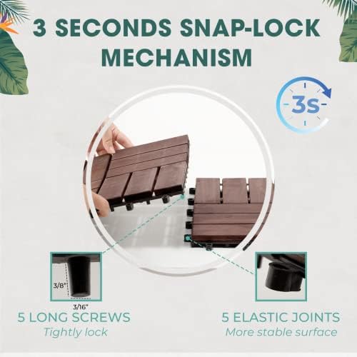 Idzo Interlocking Deck Tiles - 10PCS Waterproof Acacia Wood Patio Tiles, Floor Tiles for Balcony, Backyard, Indoor and Outdoor use - Decking Checker Pattern, 12 x 12 x 0.9 Inches, Dark Brown IDZO