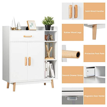 Giantex Floor Storage Cabinet Free Standing Cupboard with 1 Drawer, 2 Doors, 3 Shelves & 4 Rubber Wood Legs for Home Office Sideboard Storage Organizer, White - WoodArtSupply