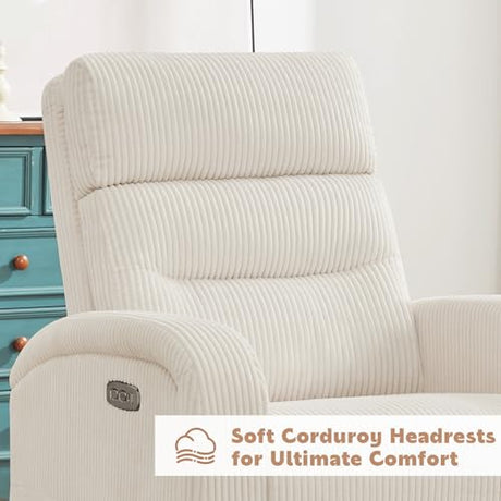 Power Swivel Rocker Recliner, Upholstered Glider Recliner Nursery Chair with Type-C & USB Port, Swivel Rocking Nursery Recliners with Double Pockets for Living Room Bedroom, Corduroy Cream White AEMEIOS
