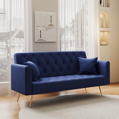 Anwick 72" Modern Velvet Sofa Bed Futon,Convertible Folding Sleeper Bed Couches with 3 Adjustable Backrests,Tufted Recliner Loveseat with Golden Chrome Legs for Small Living Room Office (Blue) Anwick