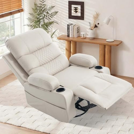 KCQ Rocker Recliner Chair with Heat and Massage, Oversized Manual Recliner Chair with Cup Holder, Faux Leather Swivel Rocking Recliner Glider Chair for Nursery, Beige KCQ