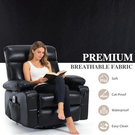 Comermax Rocker Recliner Chair with Heat and Massage, Wide Seat Heated Massaging Reclining Chair, Faux Leather Manual Swivel Rocking Recliners with Cup Holder, Black Comermax