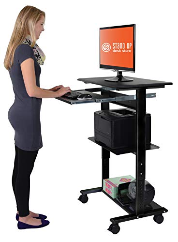 Stand Up Desk Store Mobile Rolling Adjustable Height Standing Workstation with Printer Shelf and Slideout Keyboard Tray (Black Frame/Black Top, 30" Wide) S Stand Up Desk Store