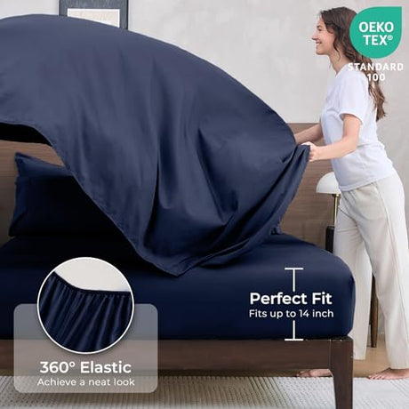 HEVUMYI Navy Blue Queen Comforter Set - 7-Piece All Season Bed in a Bag Queen, Ultra Soft Bedding Set with Comforter, Flat Sheet, Fitted Sheet, Pillowcases, Pillow Shams, Navy Blue HEVUMYI