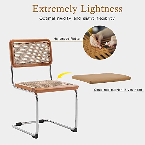 Alunaune Modern Mid Century Dining Chairs Set of 2, Upholstered Natural Rattan Kitchen Chairs Accent Chair, Armless Side Chairs with Metal Chrome Legs for Bedroom Living Room-Brown Alunaune