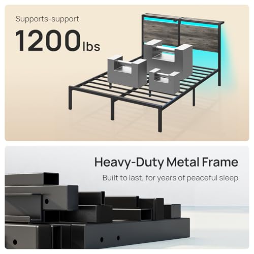 Rolanstar Full Size Bed Frame with Charging Station, LED Full Bed Frame with Wood Storage Headboard, Platform Bed with Metal Slats & Under Bed Storage, No Box Spring Needed, Noise Free, Deep Grey Rolanstar