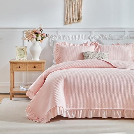 Flysheep Pink Ruffle Quilt Set Twin Size, 2 Pieces Shabby Chic Farmhouse Striped Bedspread Coverlet Set, Solid Lightweight Soft Microfiber Bed Cover for Kids (1 Ruffled Quilt + 1 Pillow Sham) Flysheep
