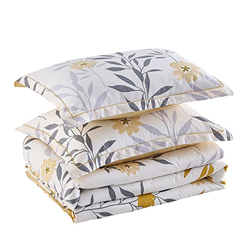 SLEEPBELLA Comforter King Size, 600 Thread Count Cotton Grey Branch with Yellow Flower & Grey Leaves Pattern Orange Reversible Comforter Set,Down Alternative Bedding Set 3Pcs(King, Yellow Botanical) SLEEPBELLA