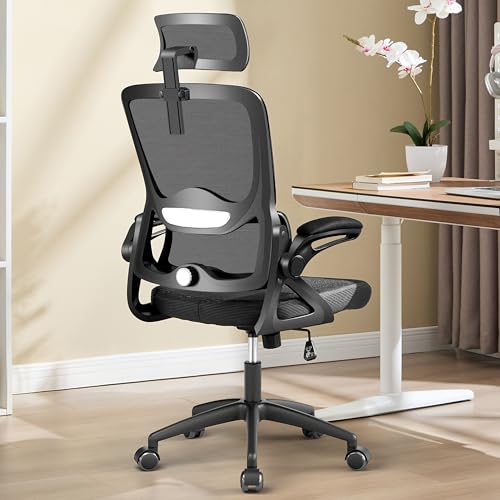 Nexthro Ergonomic Office Chair,Mesh Office Chair with Lumbar Support,High Back Desk Chair with Flip-up Arms,400 lbs Big and Tall Computer Chair with Headrest,Comfy Desk Chairs (Black) Nexthro