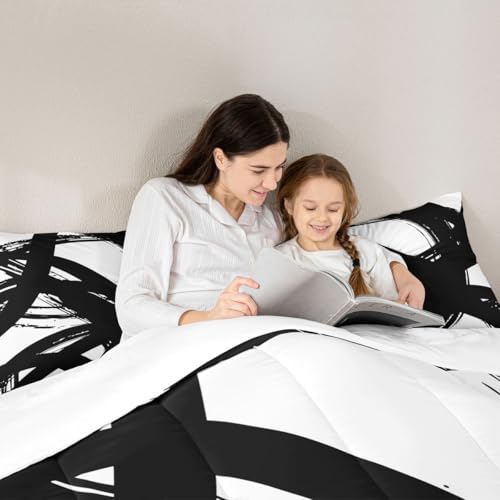 jejeloiu Black and White Comforter Set Queen Size， Abstarct Bedding Set for Kids Boys Girls Modern Stripe Neutral Art Duvet Quilt Bedroom Decor Microfiber 3 Pcs with 2 Pillow Cases jejeloiu