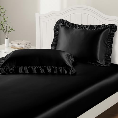 P Pothuiny 3-Piece Set Ruffle Satin Pillowcases & Queen Fitted Sheet, Luxury Black Satin Fitted Sheet Silky Soft Cute Bedding Bedroom Decor, Wrinkle Free, 15 Inch Deep Pocket P Pothuiny
