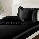 P Pothuiny 3-Piece Set Ruffle Satin Pillowcases & Queen Fitted Sheet, Luxury Black Satin Fitted Sheet Silky Soft Cute Bedding Bedroom Decor, Wrinkle Free, 15 Inch Deep Pocket P Pothuiny