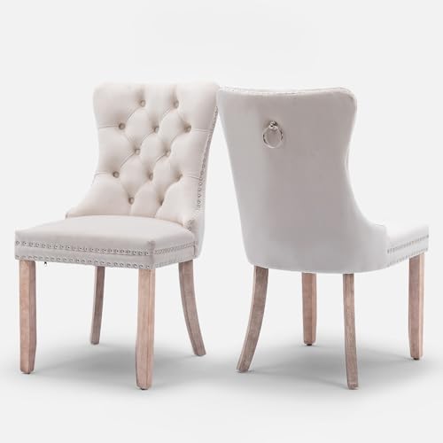 SoarTalent Velvet Upholstered Dining Chairs Set of 2, Modern Style Kitchen Side Chairs with Nailhead Trim and Wood Legs,Metal Pulling Ring for Dining Room Living Room(Beige,Set of 2) SoarTalent