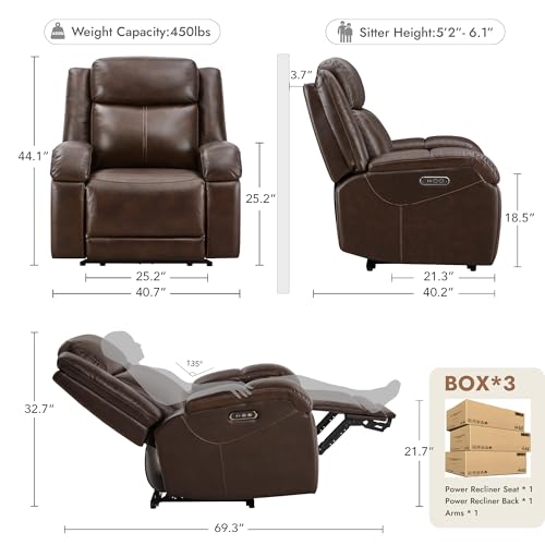 Watson & Whitely Oversized Genuine Leather Power Recliner Chairs for Big and Tall, Wall Hugger Recliner with Power Headrest & Charging Ports, Extra Large Reclining Chair for Living Room, Dark Brown