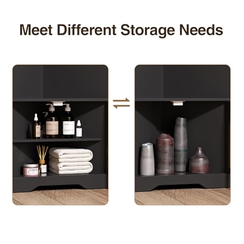 FiveWillowise 67''H Tall Corner Cabinet with Handmade Rattan Door, Rattan Storage Cabinet with Adjustable Shelves, Corner Bookshelf Space Saver for Barthroom, Kitchen, Living Room, Black FiveWillowise