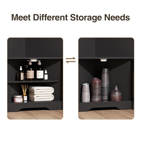 FiveWillowise 67''H Tall Corner Cabinet with Handmade Rattan Door, Rattan Storage Cabinet with Adjustable Shelves, Corner Bookshelf Space Saver for Barthroom, Kitchen, Living Room, Black FiveWillowise