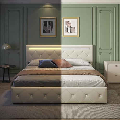 Forrise Bed Frame Full Size with LED Light and Storage Drawers, Adjustable Headboard with PU Leather Upholstered, 2 Sockets and 2 USB Ports, No Box Spring Needed,Wooden Slats Support, White. Forrise