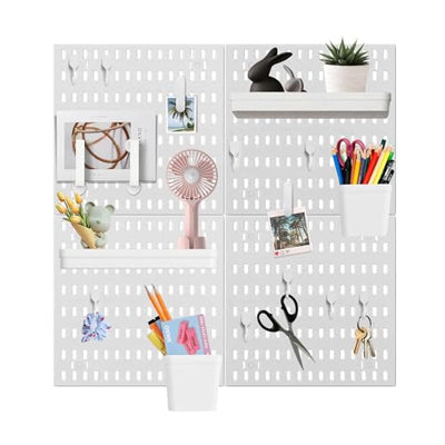 SHGJ&SOFT PegBoard Combination Kit, Pegboards and Accessories Modular Hanging, Wall Organizer Pegboard for Home and Office,24″×24″, Wall Mount Display Pegboard Panel Kits (White, 4 Pieces)