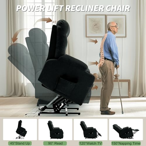 Korser Power Recliner Chair with Massage and Heating, Electric Recliner Chair for Elderly and Adults, Power Lift Recliner with Remote Control and Cup Holders for Living Room, Linen Fabric, Black