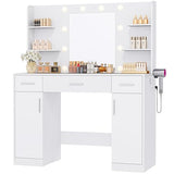 DUMOS Vanity Desk Makeup with Mirror LED Lights, White Table with Power Outlet 3 Drawer, 4 Storage Shelves & 2 Cabinets, 3 Lighting Modes & Adjustable Brightness, Dressing Tables for Bedroom DUMOS