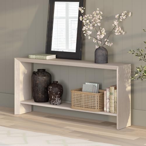 Henn&Hart 64" Wooden Rectangular Console Table Entryway Table, Sofa Table with Wooden Storage Shelf for Entryway, Living Room, Couch, Hallway, or Office, Beech White Henn&Hart