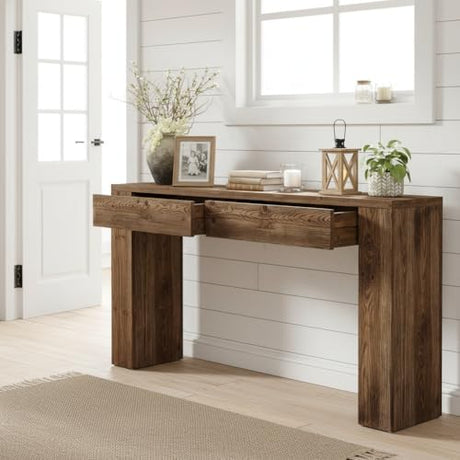 LITTLE TREE Solid Wood 63 Inches Console Table with 2 Drawers, Vintage Brown Sofa Table Behind Couch for Living Room, Long Hallway Foyer Entryway Table for Entrance LITTLE TREE