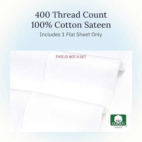 California Design Den Cal King Size Flat Sheet, Soft 400 Thread Count 100% Cotton Sheet, Sateen,& Breathable Bed Sheets, White Flat Sheet, Single California King Flat Sheet Only - White California Design Den