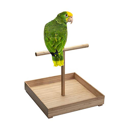 Bird Stand in Bamboo Wood for Medium to Large Birds, Tabletop T-Perch with Base, 16 in x 16 in - WoodArtSupply