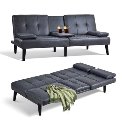 COLAMY Futon Sofa Bed-Leather Small Futon Couch, Futon Lounge Sofa, Futon Convertible with Cup Holder, Removable Armrest, Adjustable Backrest Darkgrey - WoodArtSupply