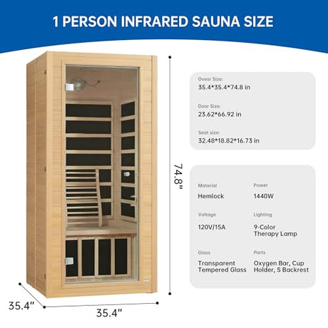 RESTISLAND Infrared Sauna Room for Home, Near Zero EMF Wooden 1 Person Indoor Home Sauna with Bluetooth, LCD Control Panel, Chromo Therapy Light RESTISLAND