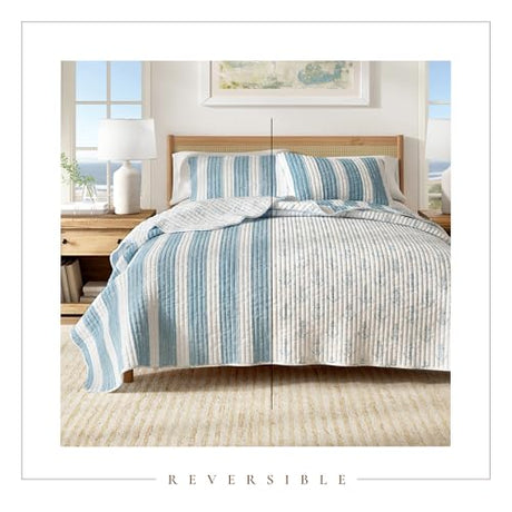 Great Bay Home Twin/Twin XL Coastal Bedding Set, Summer Coastal Quilt with Sham, Beach 2-Piece Reversible All Season Bedspread Quilt Set. Lightweight Nautical Quilted Coverlet. Blue Great Bay Home