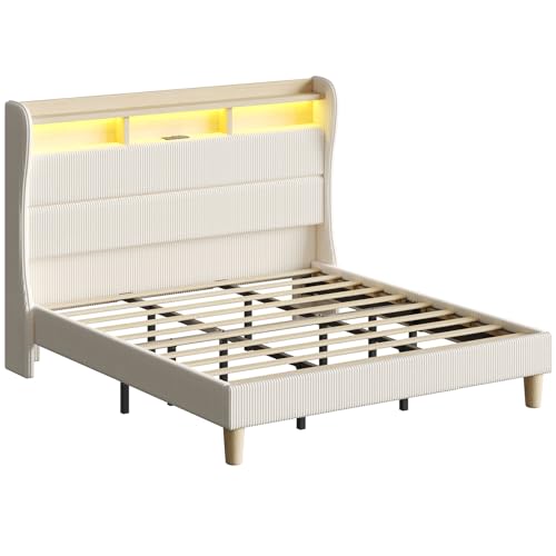 Bestier King Size Upholstered Wingback Bed Frame with 51” High Headboard Corduroy Fabric RGB LED Lights, Charging Station Dual Storage Shelves Modern Off White Platform Bed No Box Spring Needed Bestier