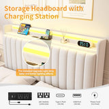 Jocoevol Queen Size Floating Bed Frame with Ergonomic Hidden Storage Headboard and LED Lights, Visual Floating LED Bed Frame with Charing Station, Velvet Upholstered Platform Bed, Heavy Duty, White Jocoevol