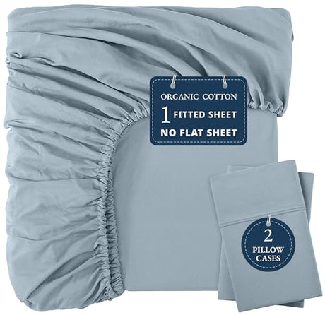 LANE LINEN 100% Organic Cotton Fitted Sheet Queen Size - 3 Pc Set (1 Fitted Sheet, 2 Pillowcases), Percale Weave, Soft, Breathable, Fits Mattress Upto 15" Deep - French Blue (No Flat Sheet) LANE LINEN