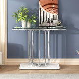 O&K FURNITURE 43" Modern Glass Console Table with Curved Chrome Frame & Faux Marble Base, Silver Narrow Sofa Table for Entryway, Living Room, Hallway, Home Office O&K FURNITURE