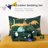 Wake In Cloud - Toddler Bedding Set for Boys, 4 Pieces Soft Crib Bed Set Including Comforter, Fitted Sheet, Flat Top Sheet and Pillowcase, Colorful Jurassic Dinosaur Volcano, Dark Green Wake In Cloud