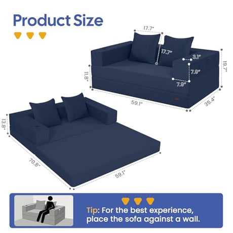 COMAX Futon Sofa Bed, 4‑in‑1 Convertible Sofa Bed, Folding Boneless Couches for Living Room, Fold Out Small Foldable Loveseat Floor Sleeper Comfy Mattress Lounge Space‑Saving, Navy Blue COMAX