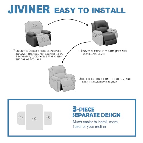 JIVINER 3 Piece Recliner Chair Cover Stretch Lazy Boy Non Slip Covers for Recliner with Pockets Soft Jacquard Reclining Sofa Slipcovers Furniture Protector with Elastic Bottom (1 Seater, Black)
