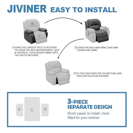 JIVINER 3 Piece Recliner Chair Cover Stretch Lazy Boy Non Slip Covers for Recliner with Pockets Soft Jacquard Reclining Sofa Slipcovers Furniture Protector with Elastic Bottom (1 Seater, Black) JIVINER