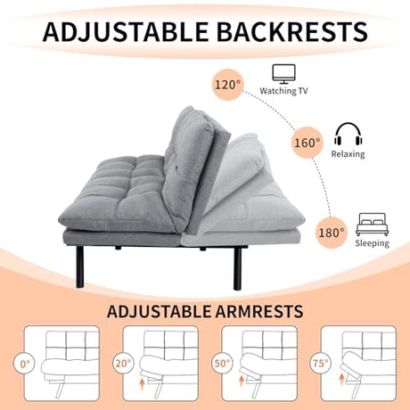MUUEGM Futon Sofa Bed 71" Ash Convertible Memory Foam Futon Couch Bed Modern Loveseat Sleeper with Adjustable Backrests Armrests for Living Room,Small Space,Office MUUEGM