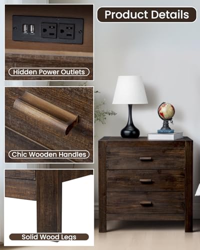 Karl home Farmhouse Nightstand with Charging Station, Solid Pine Wood 3 Drawer Night Stands for Bedroom, Bedside Table with 2 USB Ports & 2 AC Outlets, Vintage End Tables, Brown Karl home