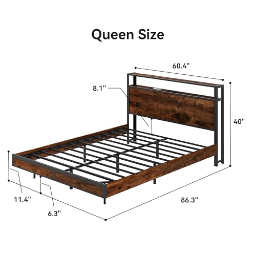 Queen Bed Frame with Storage Headboard and Charging Station, Metal Bedframe with LED Lights, Queen Size Platform Bed with Heavy Duty Slats, 100% Anti-Slip Mattress, No Box Spring Needed, Rustic Brown Susalt