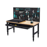 60 Inch Adjustable Work Table, 3000 Lbs Capacity Rubber Wood Tabletop Workbench, Heavy Duty Work Bench Table with 2 Drawers & Pegboard for Garage Woodworking Shop, with Power Outlet & Pegboard EliteEdge
