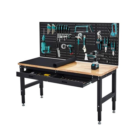 60 Inch Adjustable Work Table, 3000 Lbs Capacity Rubber Wood Tabletop Workbench, Heavy Duty Work Bench Table with 2 Drawers & Pegboard for Garage Woodworking Shop, with Power Outlet & Pegboard EliteEdge