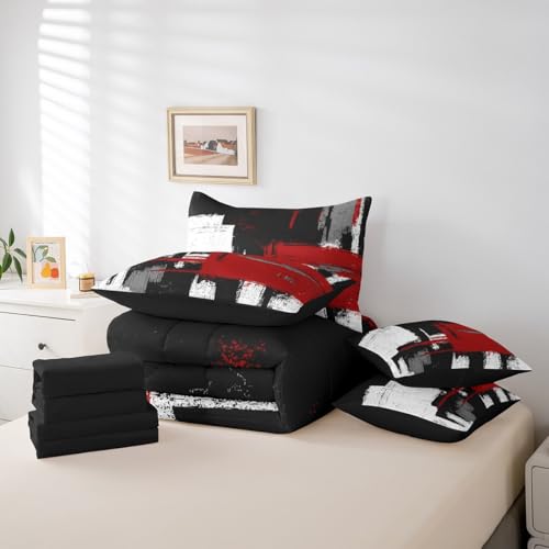 Red Black White 7 Piece Bedding Set Abstract Morden Comforter Set Full Size Buffalo Check Bed Set Includes Comforter, Sheet Set, Pillowcases & Pillow Covers Bedroom Decor Soft Microfiber Geometric Feelyou