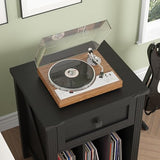 HOSEOKA Record Player Stand with Vinyl Record Storage, Turntable Stand with Charging Station, Wood Vinyl Record Holder Cabinet Dispaly Shelf with Drawer, Black HOSEOKA