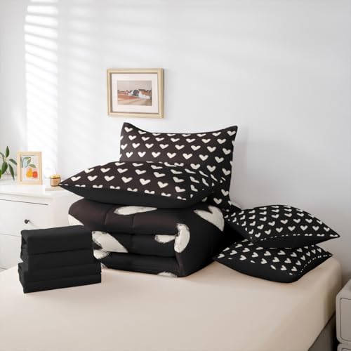 Erosebridal Black White 7 Pcs Comforter Set King Bed in a Bag,Cute Heart Pattern Bedding Set for Kids Boys Girls Valentine Day Quilt Cartoon Love Geometric Duvet Insert Love Heart Flat Fitted Sheet Erosebridal
