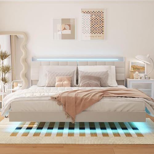 bzbbzc Floating King Size Bed Frame with RGB LED Lights & Charging Station, Upholstered Platform Bed with Hidden Storage Headboard & Shelves, Noise Free, Heavy Duty Frame, Beige bzbbzc